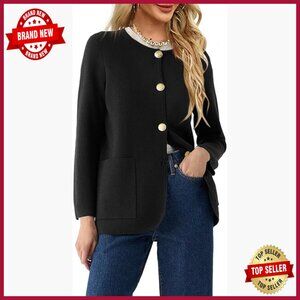 Long Sleeve Cardigan Sweater with Pockets Button Down Crew Neck Blazer Style